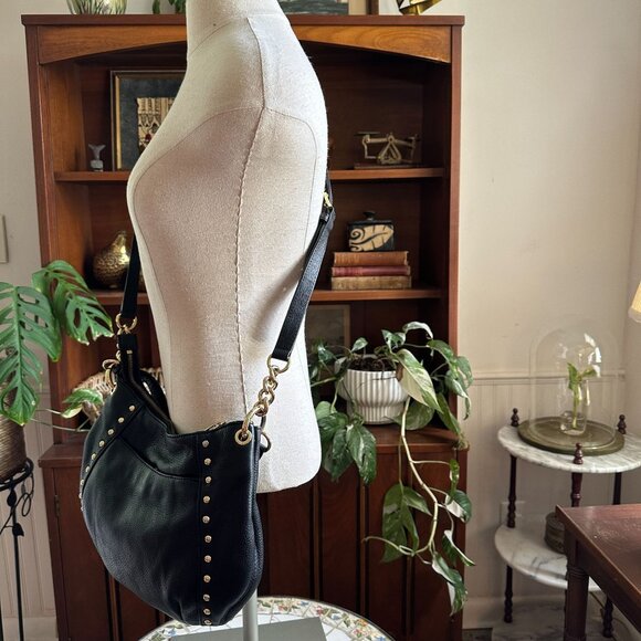 Michael Kors Black Pebbled Leather Studded Shoulder Bag 38H4YMDL2L Gold Hardware - Picture 3 of 15